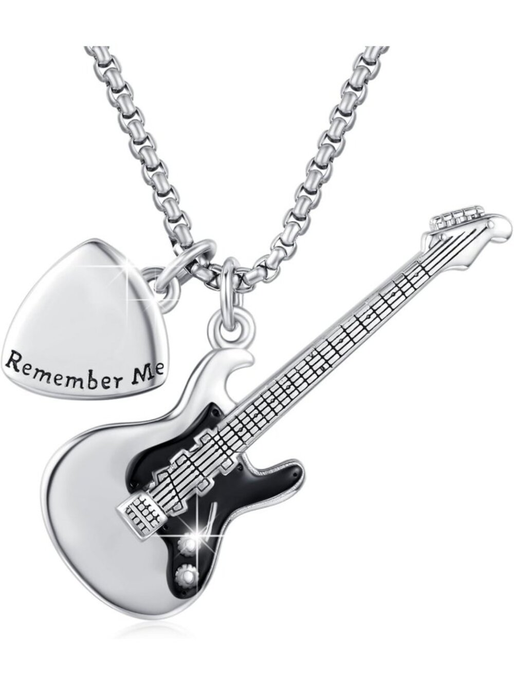 Sterling Silver Guitar & Music Note Necklace | Punk Rock Treble Clef Pendant